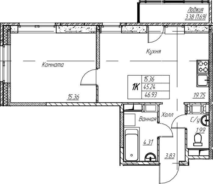 1-комнатная квартира 46.93 м², 10/22 эт., ЖК «Парк-квартал Юнтолово»